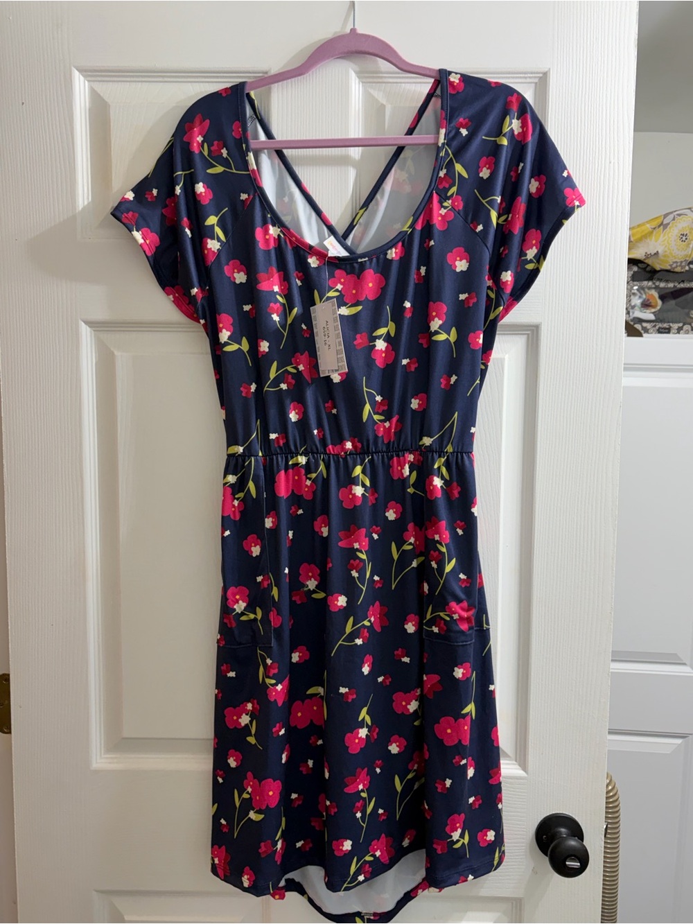 LuLaRoe Navy Dress with Pink Floral Print